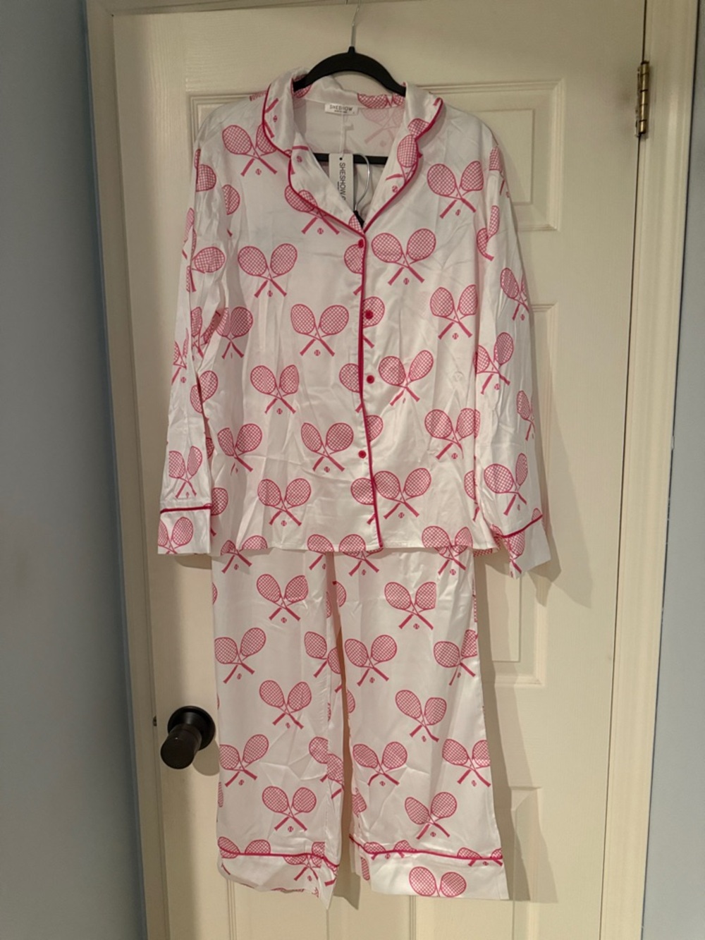 White Satin Pajama Set with Pink Tennis Racket Print